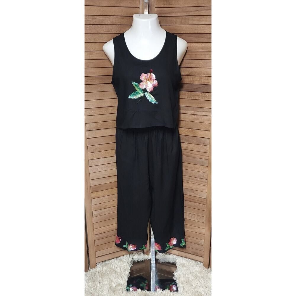 Vintage Paradiso Crop Top Shirt & Pants Set Women’s Small S Rayon Crepe Black